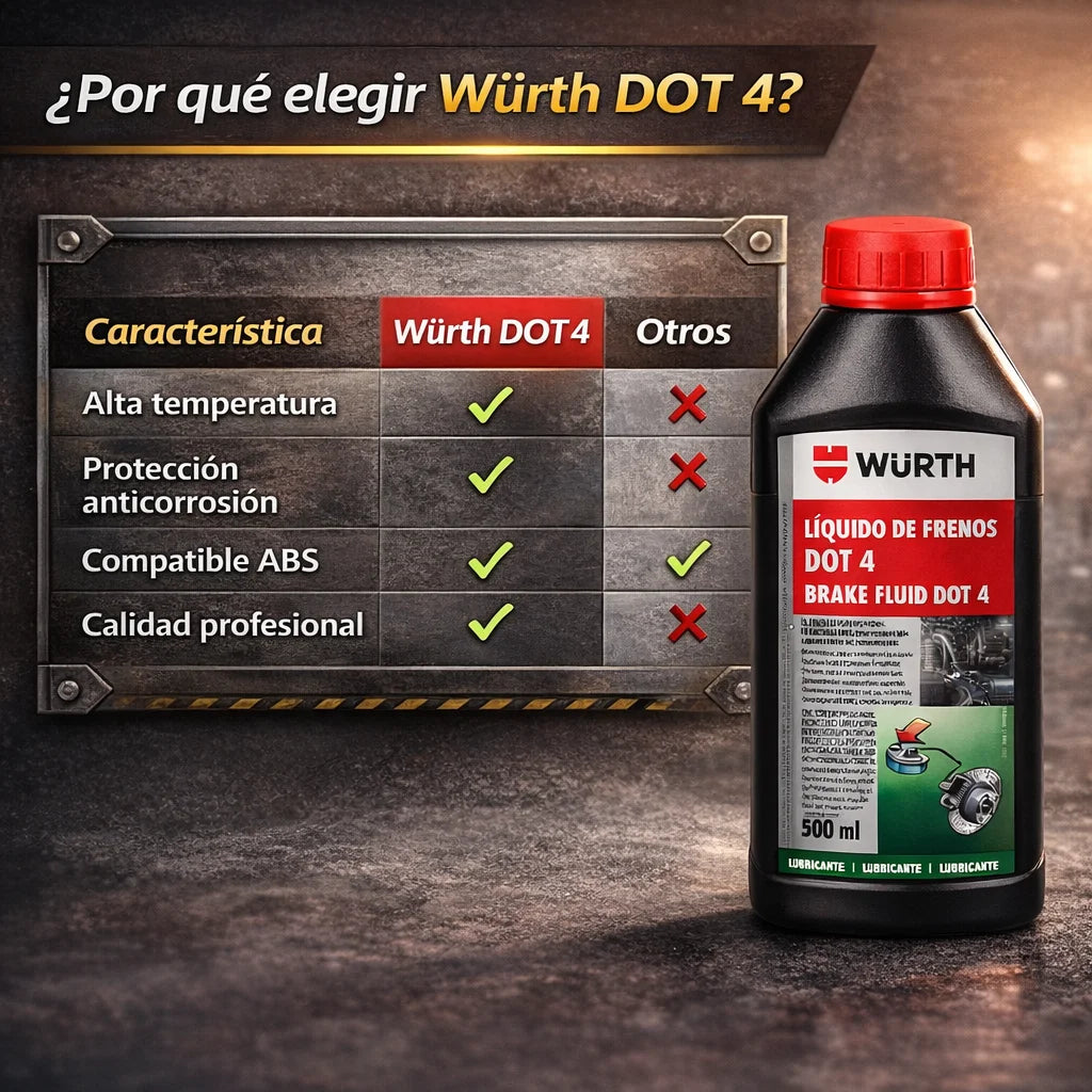 Líquido de Frenos Würth DOT 4 500ml – Fluido Profesional Alta Temperatura para ABS, DOT3/DOT4 Coches y Motos