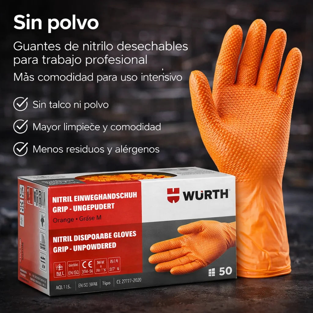 Guantes de Nitrilo Diamantados Würth x50 – Desechables con Agarre Superior para Taller e Industria