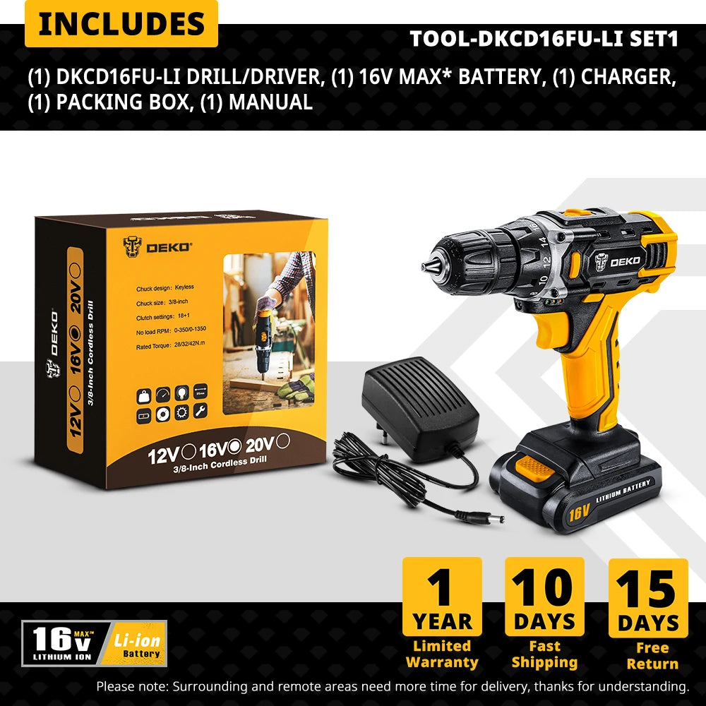 Taladro Inalámbrico DEKO 12V/16V/20V – Destornillador Eléctrico con Batería Litio para Bricolaje