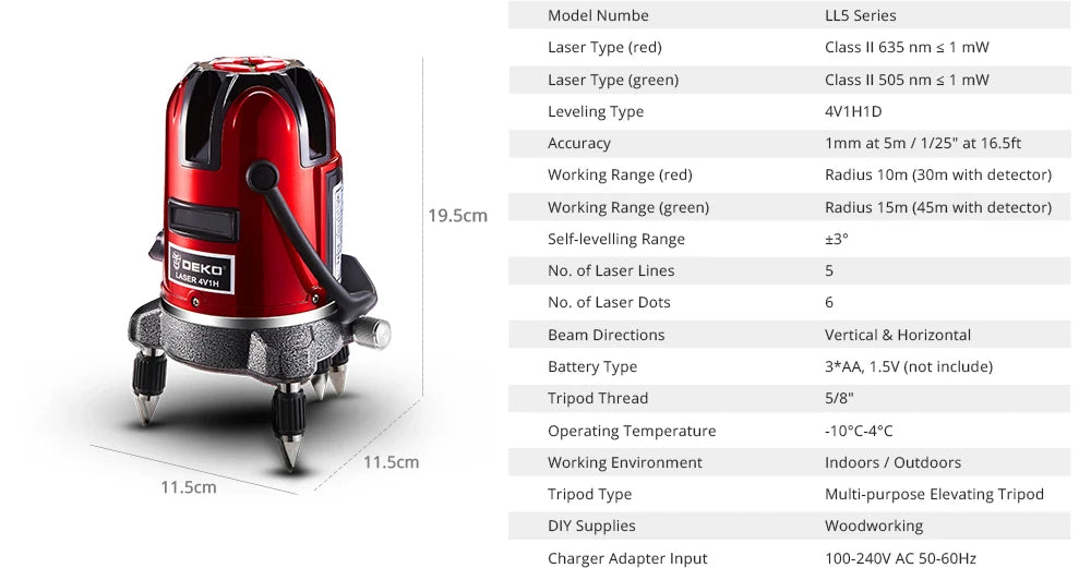 Nivel Láser DEKO LL5 5 Líneas + 6 Puntos – Autonivelante 360° con Luz Roja y Verde de Alta Visibilidad