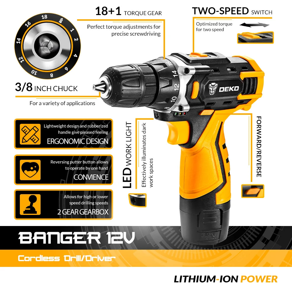 Taladro Inalámbrico DEKO 12V/16V/20V – Destornillador Eléctrico con Batería Litio para Bricolaje