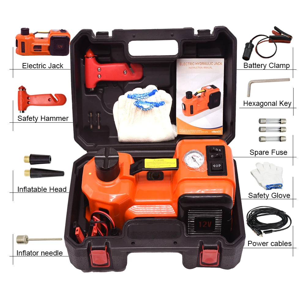 Gato hidráulico eléctrico de suelo para coche, bomba de inflado de neumáticos y linterna LED, juego 3 en 1 con martillo de seguridad, 12V, 5 toneladas, QZ002