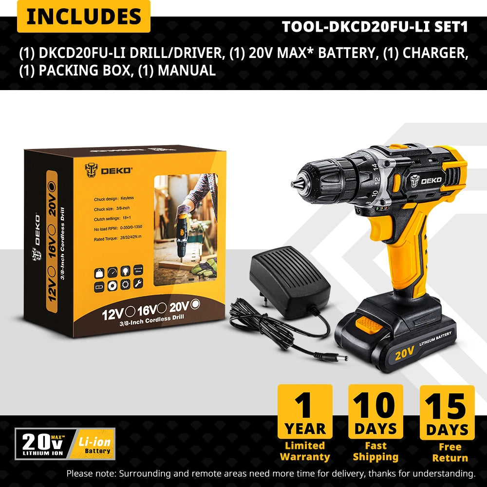 Taladro Inalámbrico DEKO 12V/16V/20V – Destornillador Eléctrico con Batería Litio para Bricolaje