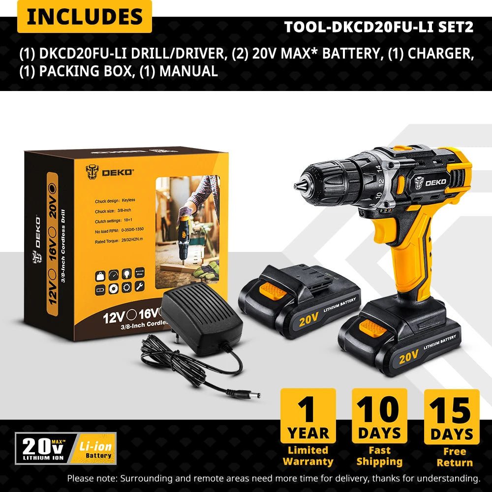 Taladro Inalámbrico DEKO 12V/16V/20V – Destornillador Eléctrico con Batería Litio para Bricolaje