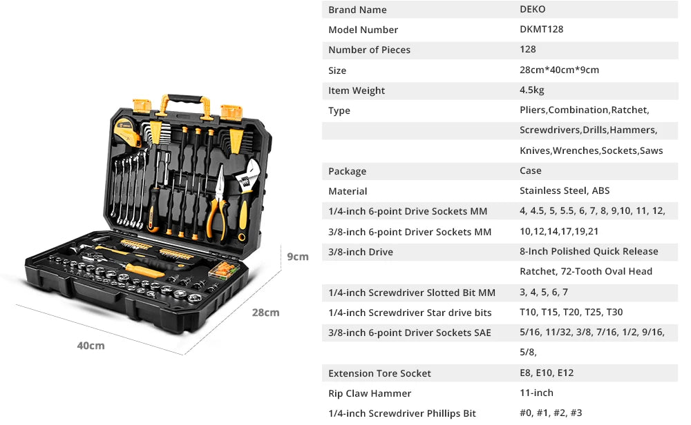 Maletín de Herramientas DEKO DKMT128/DKMT196 – Kit Completo de Bricolaje y Reparación con Caja