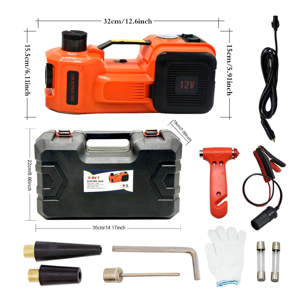 Gato hidráulico eléctrico de suelo para coche, bomba de inflado de neumáticos y linterna LED, juego 3 en 1 con martillo de seguridad, 12V, 5 toneladas, QZ002