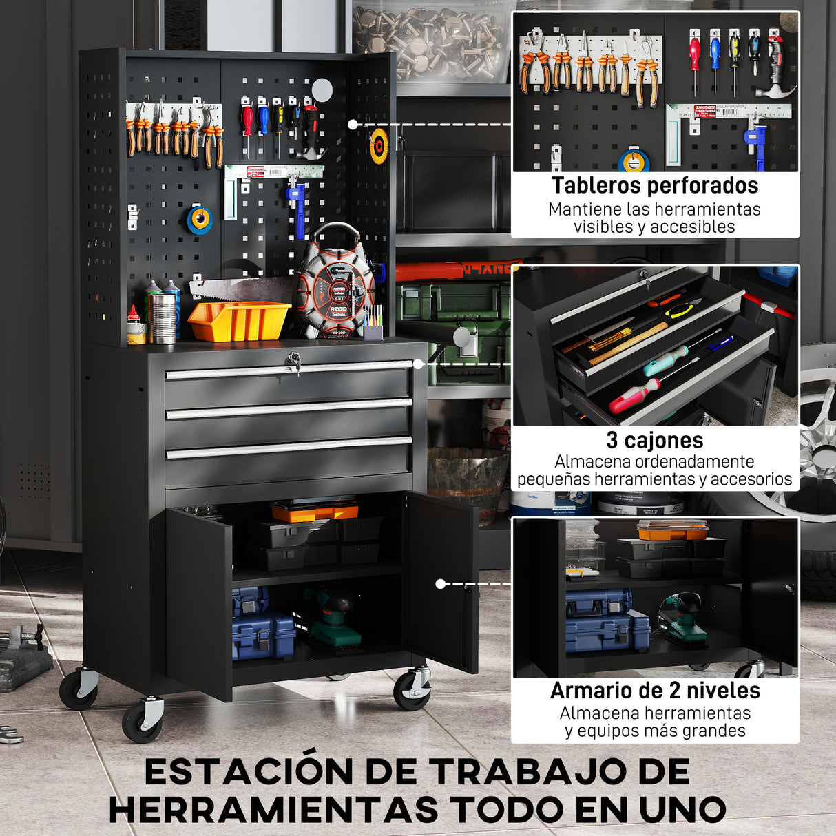 Carro de Herramientas HOMCOM con 3 Cajones y Panel Pegboard – Organizador de Taller con Ruedas Negro
