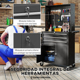 Carro de Herramientas HOMCOM con 3 Cajones y Panel Pegboard – Organizador de Taller con Ruedas Negro