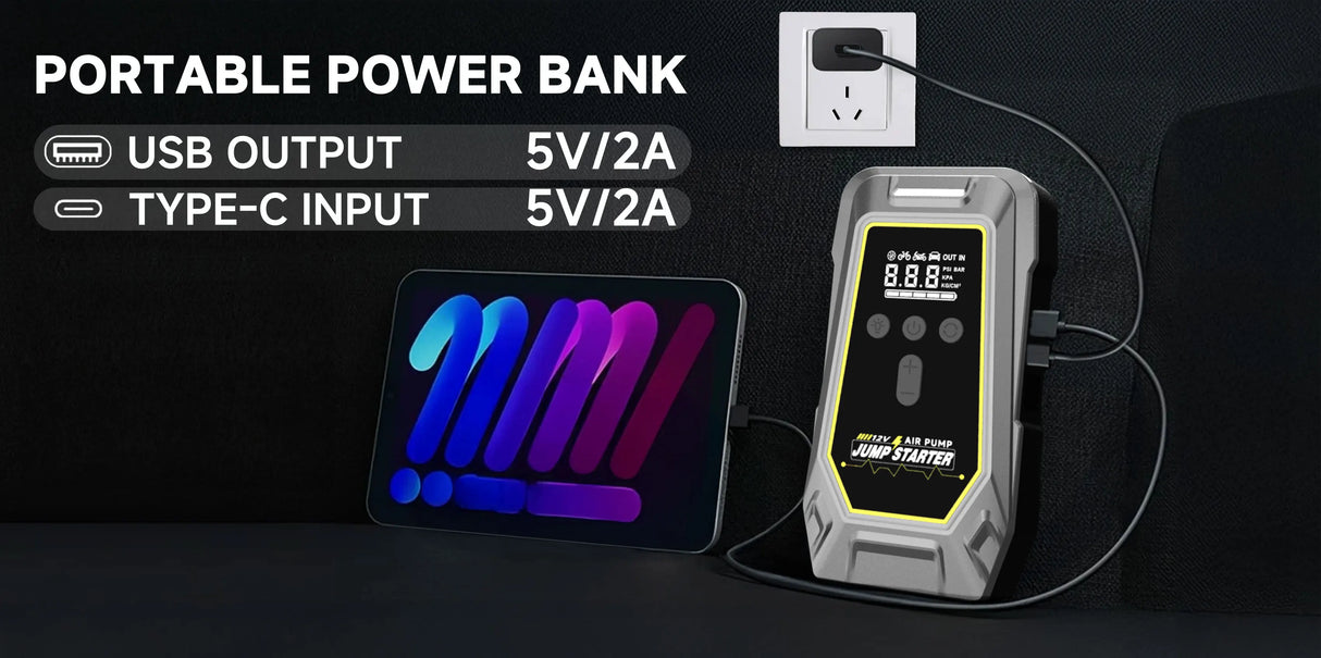 GKFLY 4 en 1 Arrancador de Coche 7000A con Compresor 150 PSI – Power Bank y Bomba Digital 12V