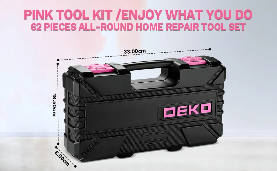 Maletín de Herramientas DEKO Rosa 62 Piezas – Kit Completo para Bricolaje, Hogar, Oficina y Coche