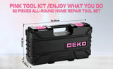 Maletín de Herramientas DEKO Rosa 62 Piezas – Kit Completo para Bricolaje, Hogar, Oficina y Coche