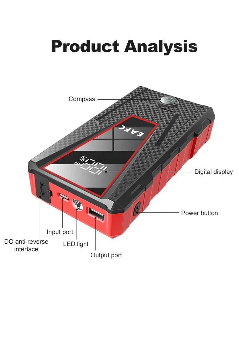 Arrancador de Batería Portátil 1200A 12V – Jump Starter para Coche Gasolina 4.0L y Diésel 2.0L