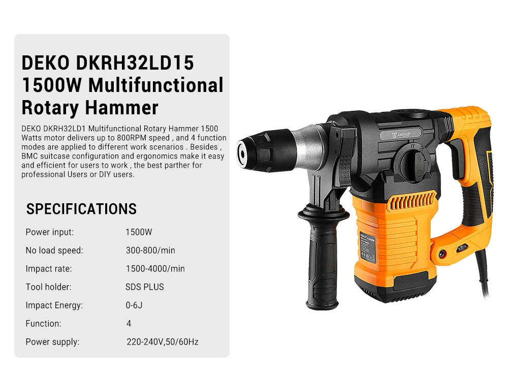 Martillo Rotativo DEKO 2000W DKRH32LD1 – Taladro de Impacto y Demolición con Accesorios