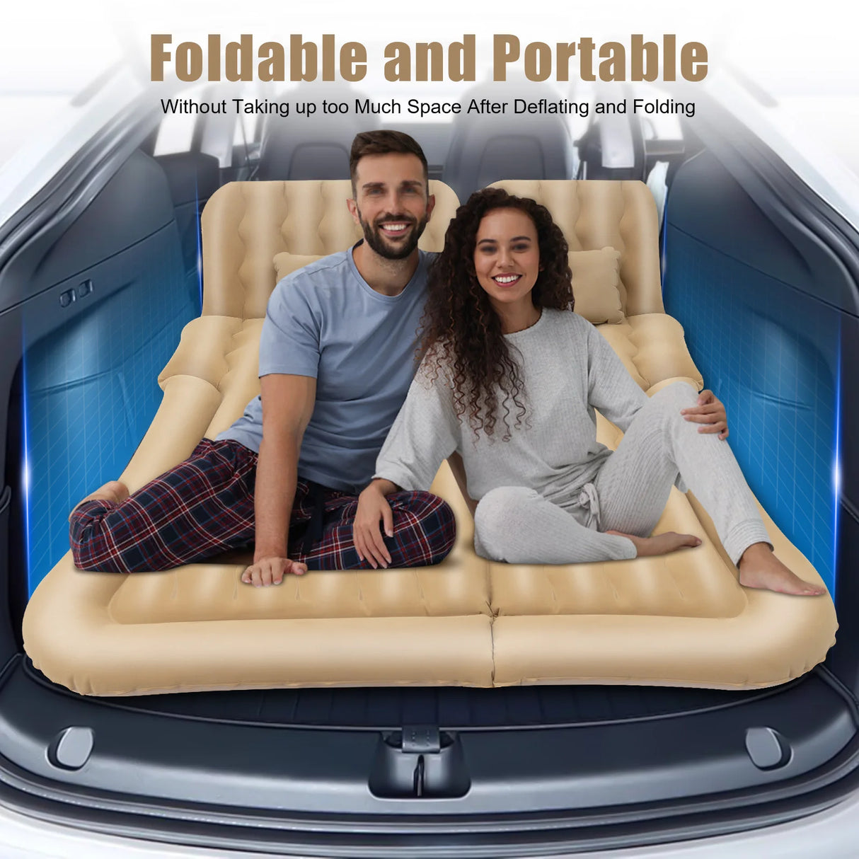 Cama Inflable para Coche con Bomba y Almohada – Colchón Hinchable Plegable Universal para Asiento Trasero, Cojín Flocado Portátil para Viajes