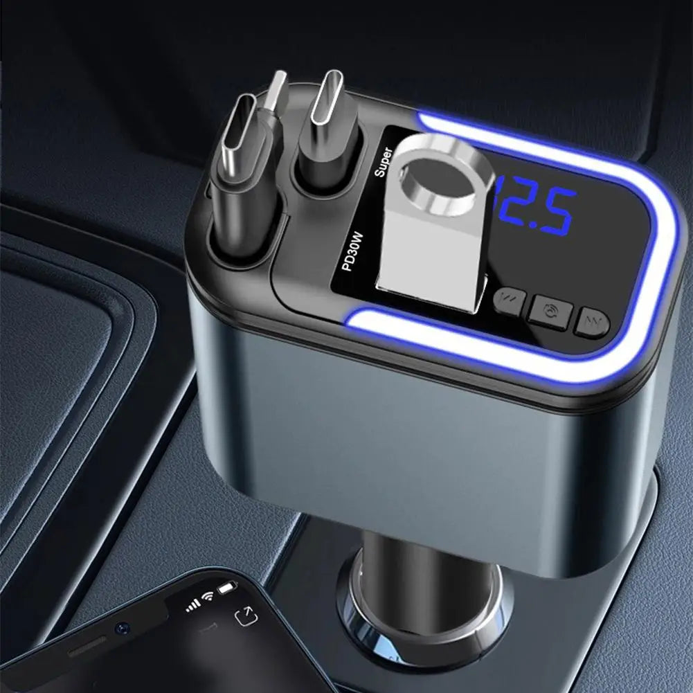 Cargador de Coche 5 en 1 con Bluetooth FM – Carga Rápida USB, Cable Retráctil, MP3 y Soporte U Disk