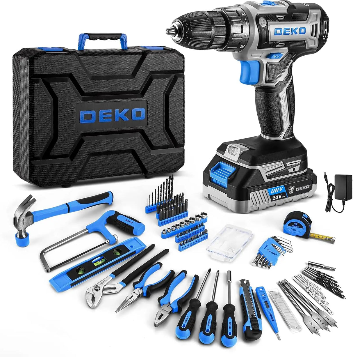 Maletín de Herramientas DEKO 186 Piezas con Taladro 20V – Kit Completo Profesional para Bricolaje