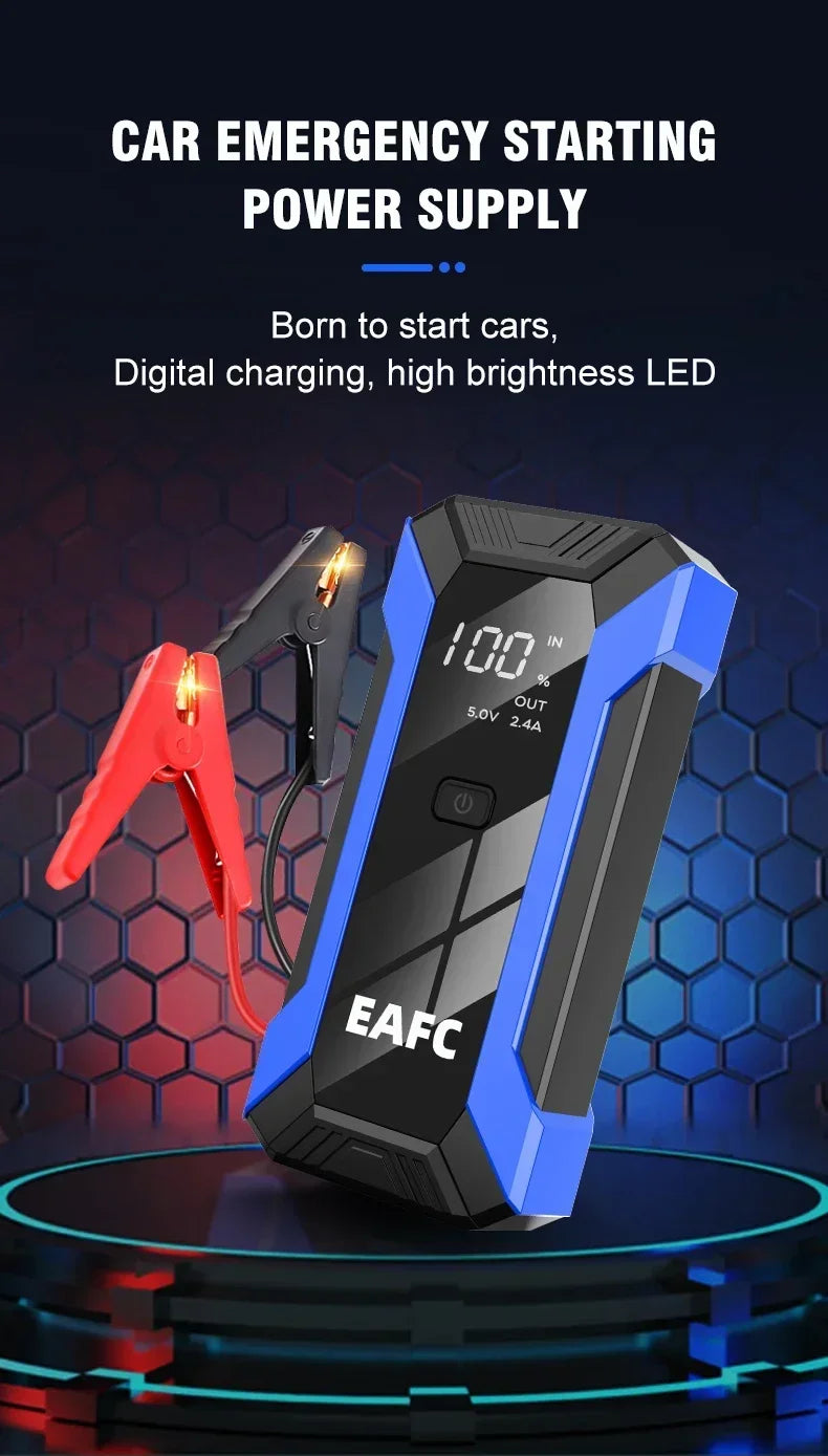 Arrancador de Batería Coche 1200A 12V EAFC | Power Bank 20000mAh con Carga Inalámbrica, LED SOS y Martillo de Emergencia