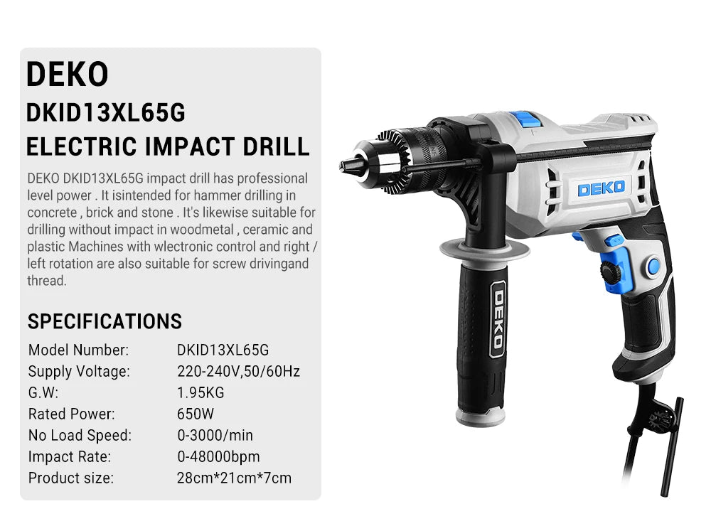Taladro de Impacto DEKO DKID13XL65G 220V – Profesional 2 en 1 Taladro y Destornillador Eléctrico Serie DKID