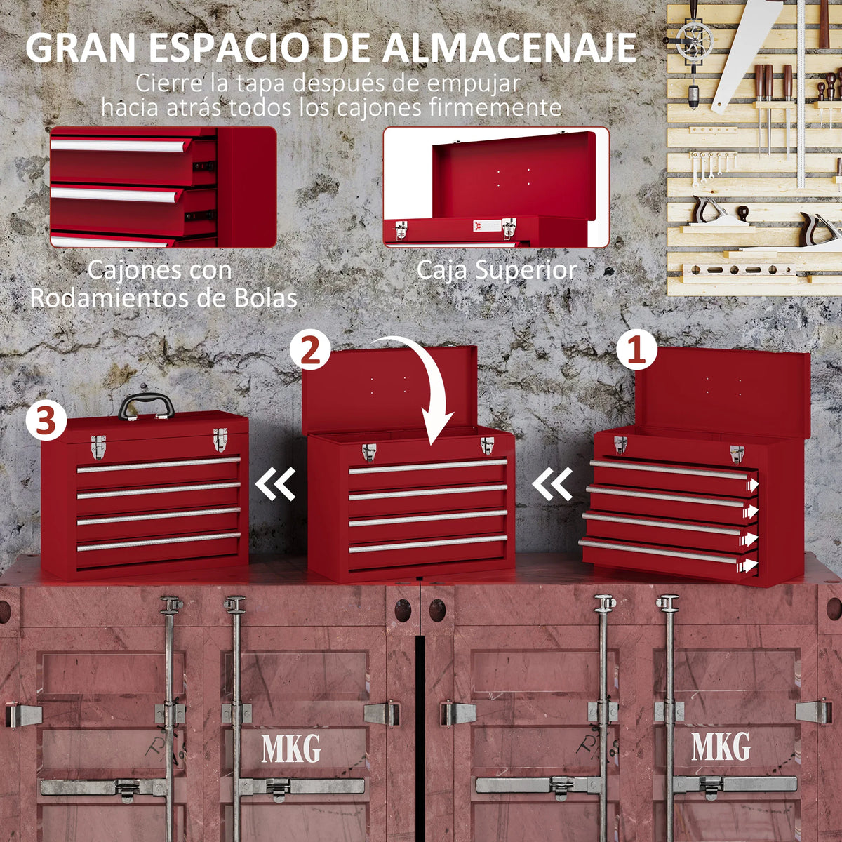 DURHAND Caja de Herramientas de Acero con 4 Cajones Bandeja Tapa Abatible y Cierres Metálicos 51x22x39,5 cm Rojo