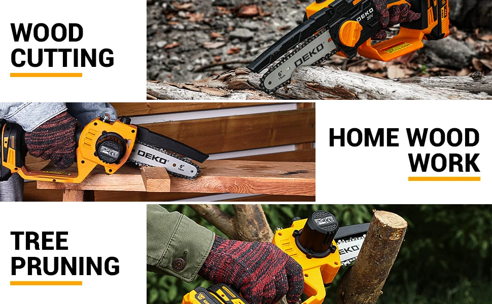 Mini Motosierra Inalámbrica DEKO 550W 6” – Sierra Portátil a Batería para Corte de Madera y Árboles