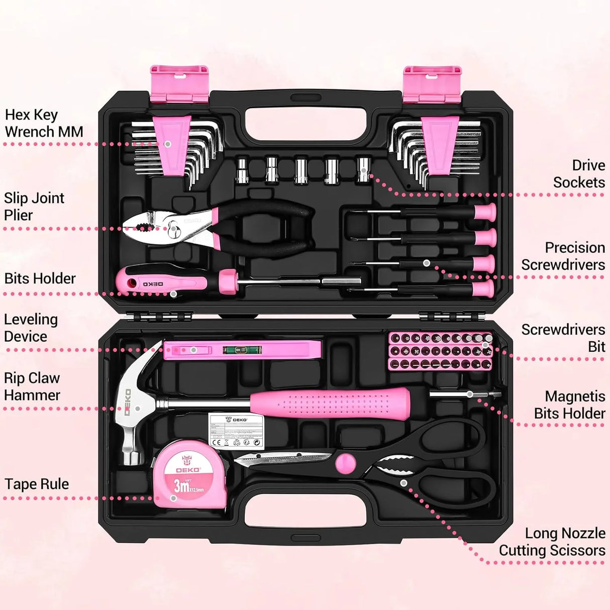Maletín de Herramientas DEKO Rosa 62 Piezas – Kit Completo para Bricolaje, Hogar, Oficina y Coche