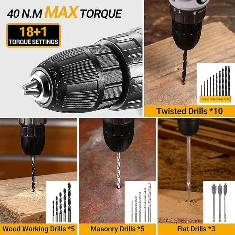 Kit Taladro Inalámbrico DEKO 20V – Taladro con Batería y Caja de Herramientas para Hogar