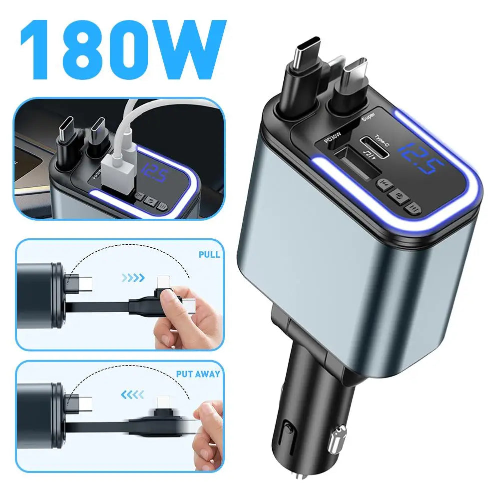 Cargador de Coche 5 en 1 con Bluetooth FM – Carga Rápida USB, Cable Retráctil, MP3 y Soporte U Disk