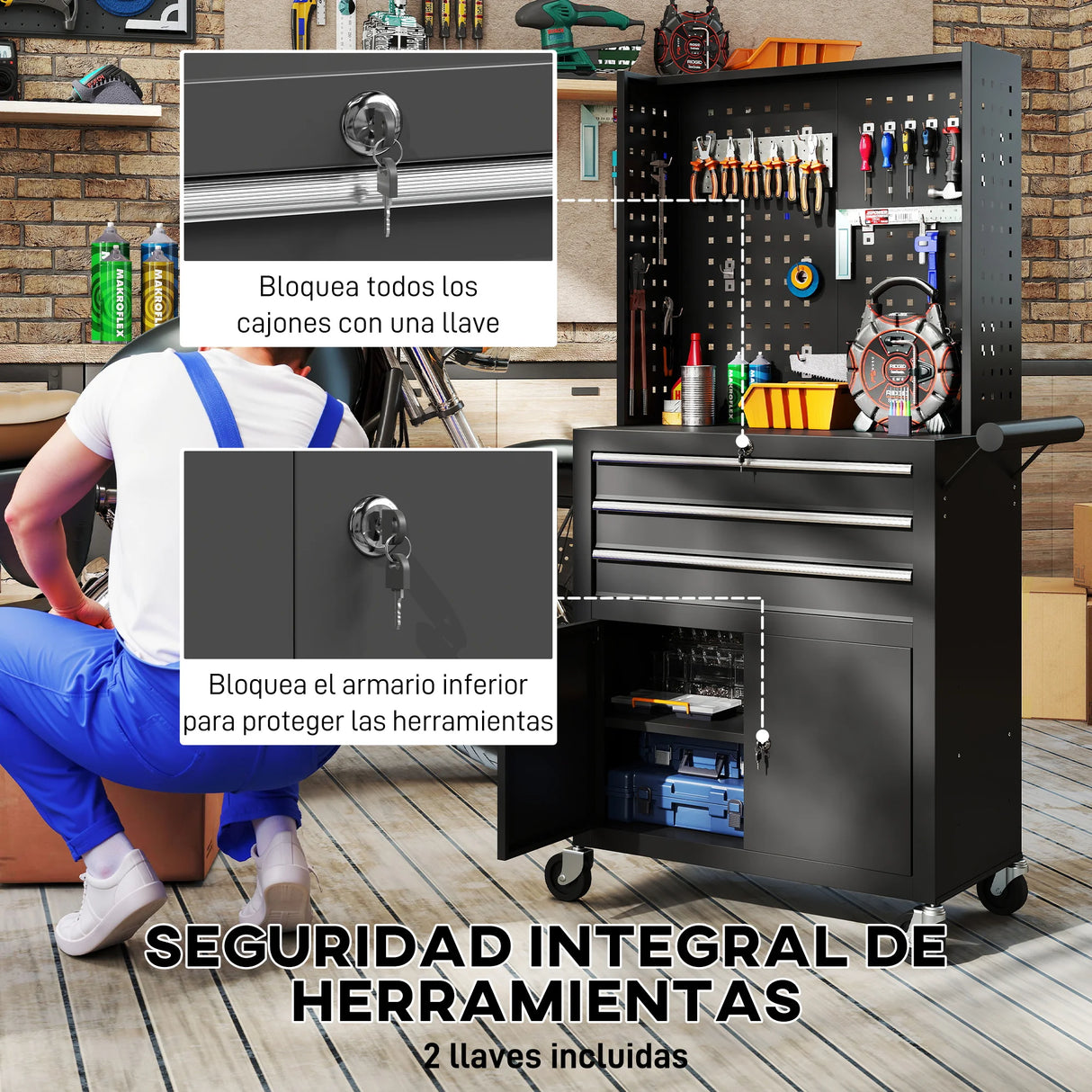 Carro de Herramientas HOMCOM con 3 Cajones y Panel Pegboard – Organizador de Taller con Ruedas Negro