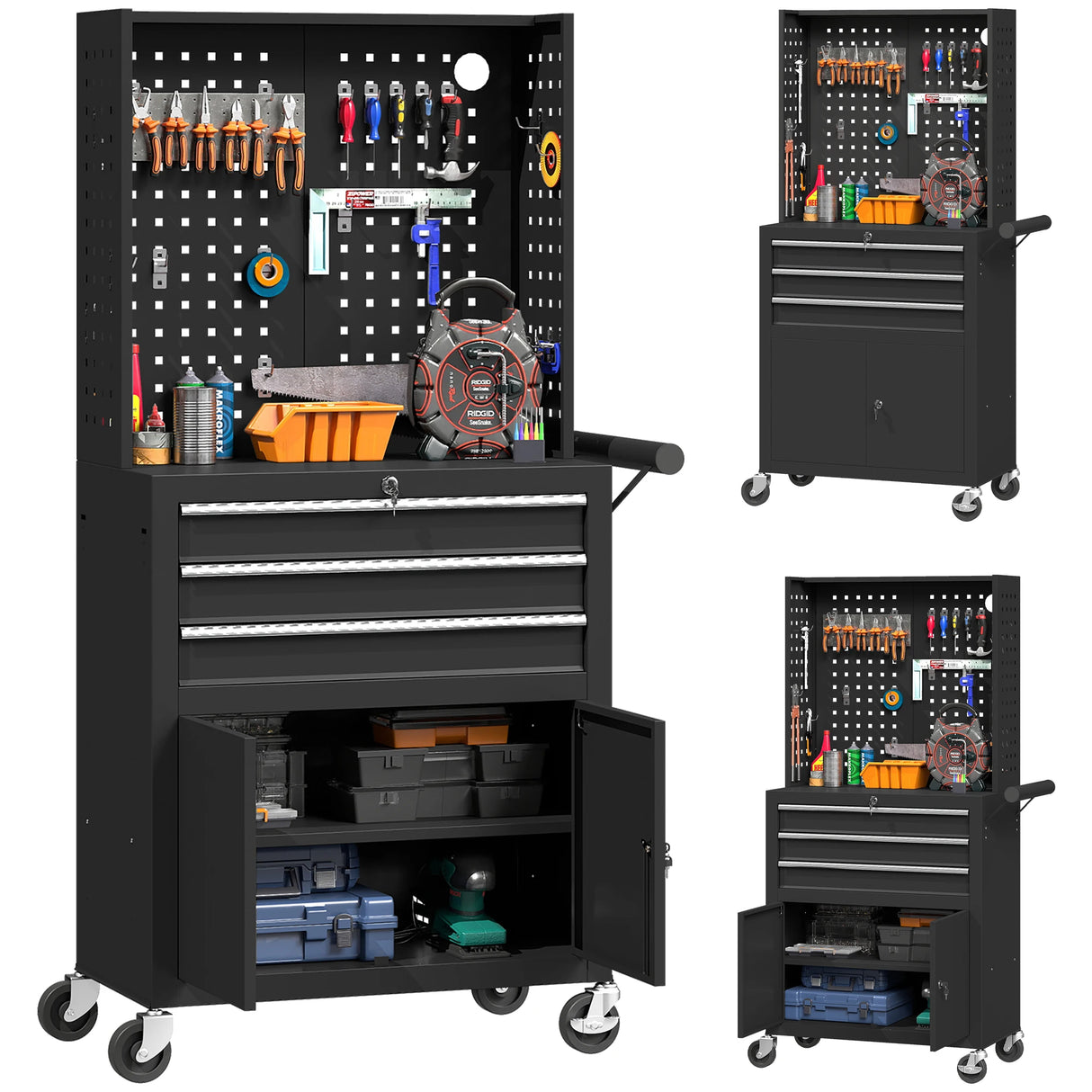 Carro de Herramientas HOMCOM con 3 Cajones y Panel Pegboard – Organizador de Taller con Ruedas Negro