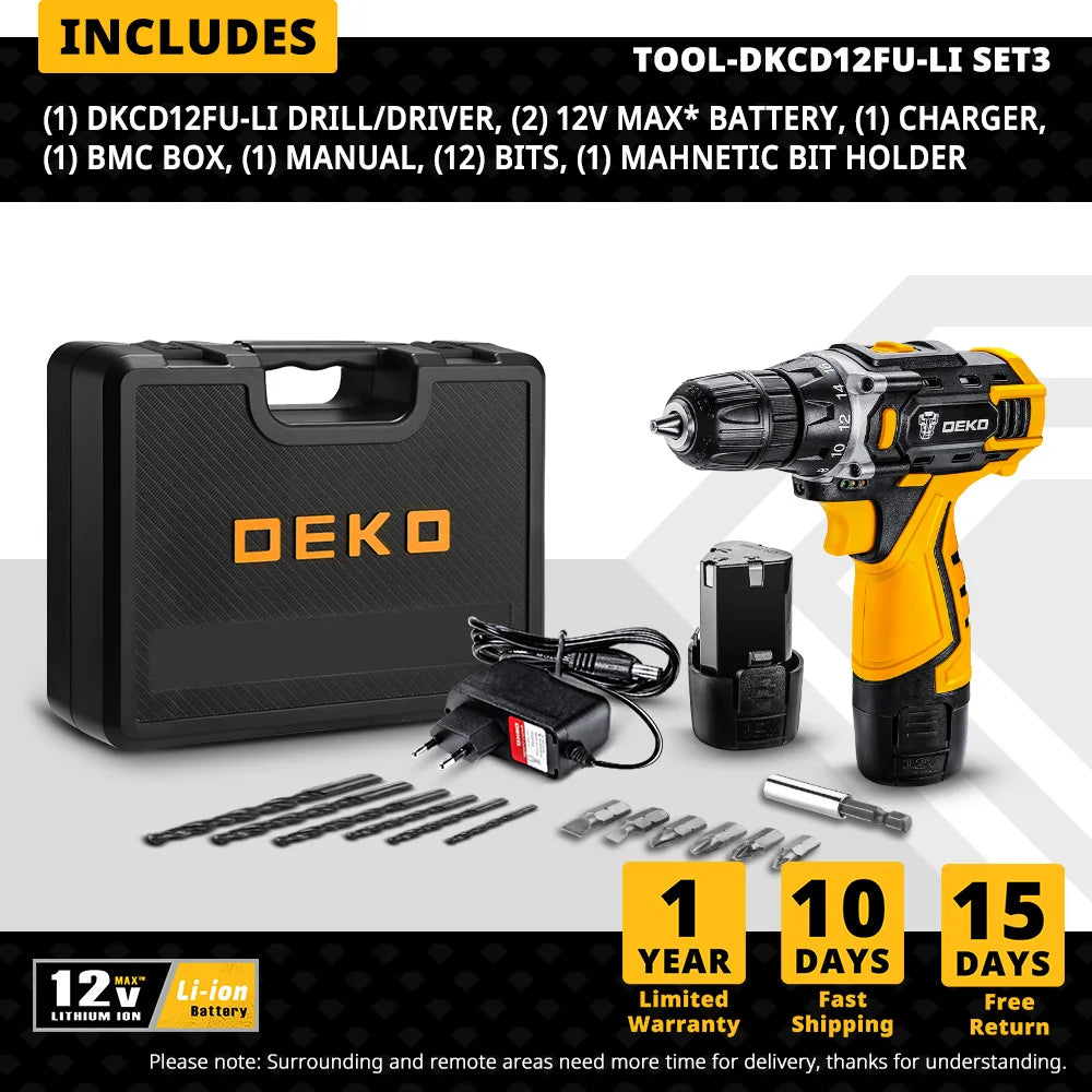 Taladro Inalámbrico DEKO 12V/16V/20V – Destornillador Eléctrico con Batería Litio para Bricolaje
