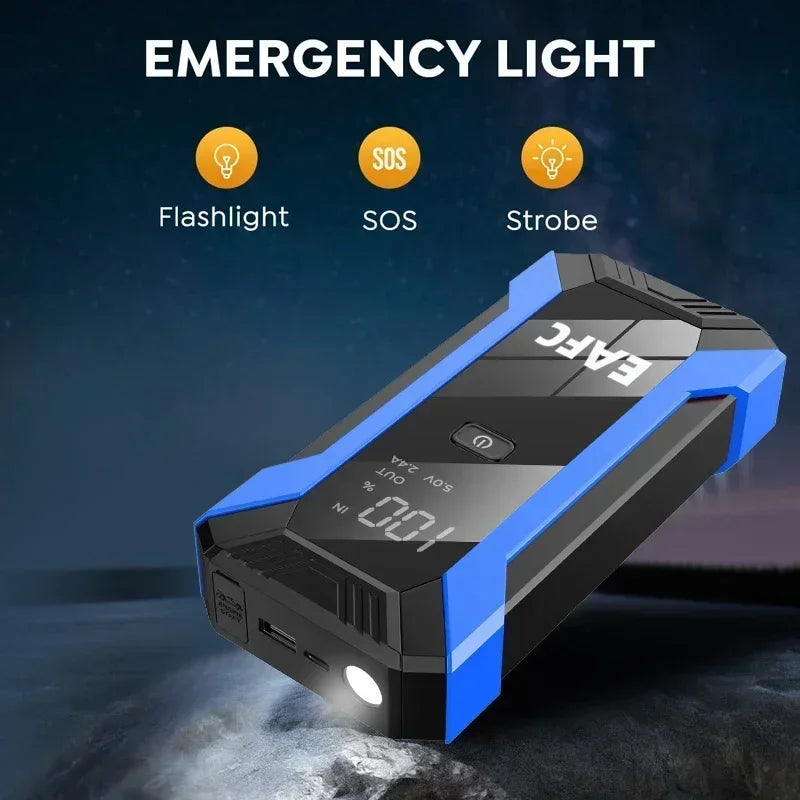 Arrancador de Batería Coche 1200A 12V EAFC | Power Bank 20000mAh con Carga Inalámbrica, LED SOS y Martillo de Emergencia