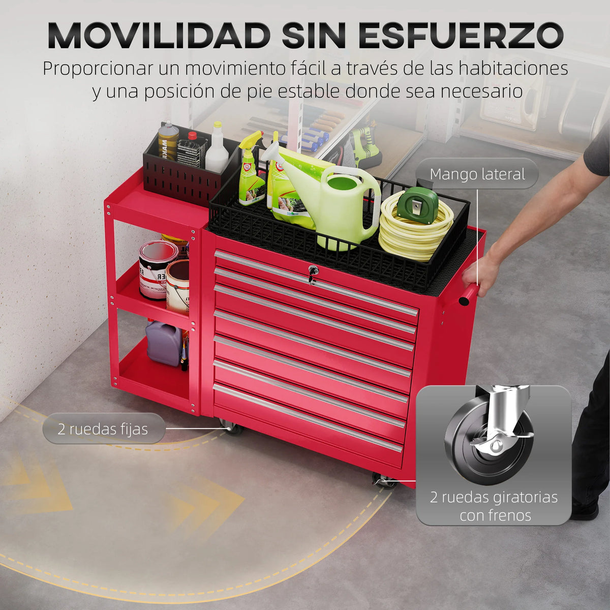 HOMCOM Carro de Herramientas con 7 Cajones, Carro de Taller con Estantería de 3 Niveles Desmontable, Sistema de Cierre Central