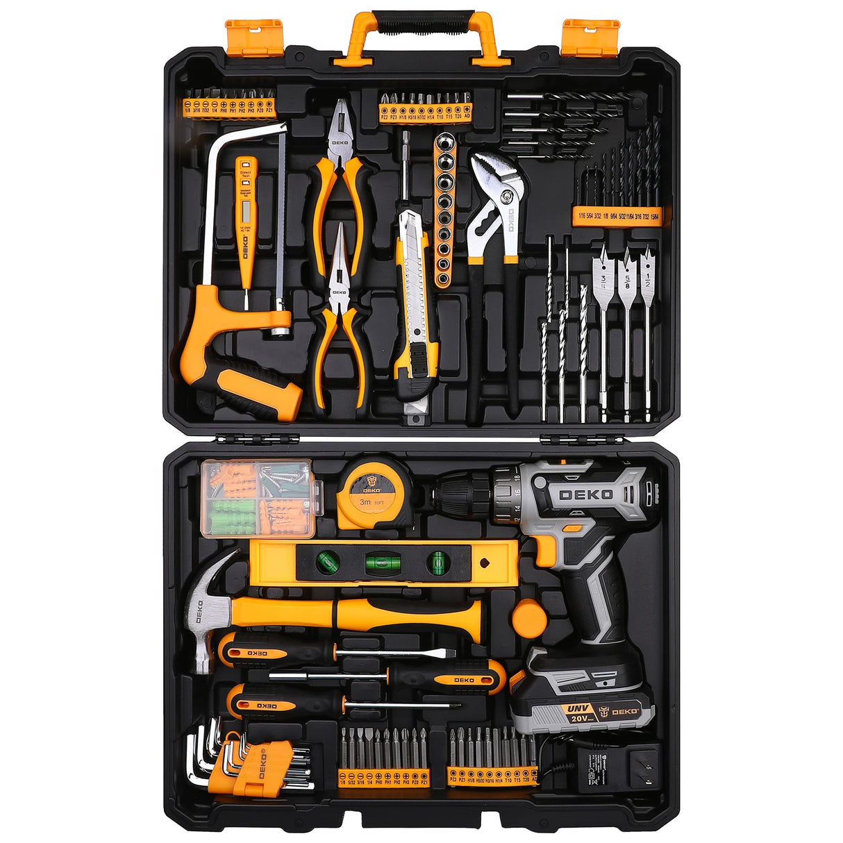 Kit Taladro Inalámbrico DEKO 20V – Taladro con Batería y Caja de Herramientas para Hogar