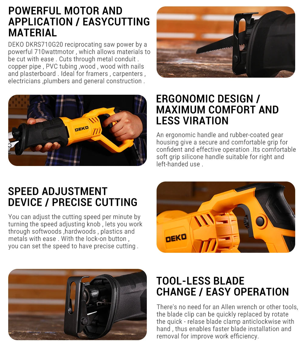 DEKO DKRS710G20 Sierra eléctrica de 710W, sierra recíproca con hojas de sierra, herramientas de motosierra para madera, herramientas eléctricas de bricolaje