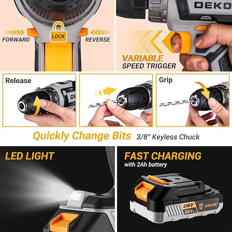 Kit Taladro Inalámbrico DEKO 20V – Taladro con Batería y Caja de Herramientas para Hogar