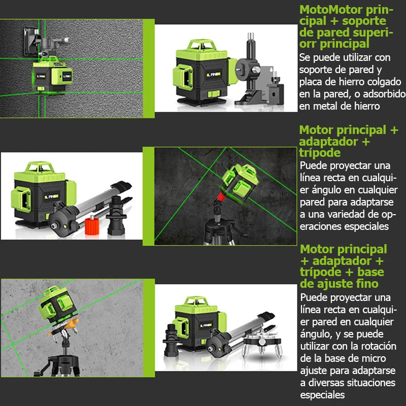 Nivel Láser Verde 4D 16 Líneas con Soporte y Mando a Distancia – Nivelador Automático Horizontal y Vertical, Alta Precisión para Construcción