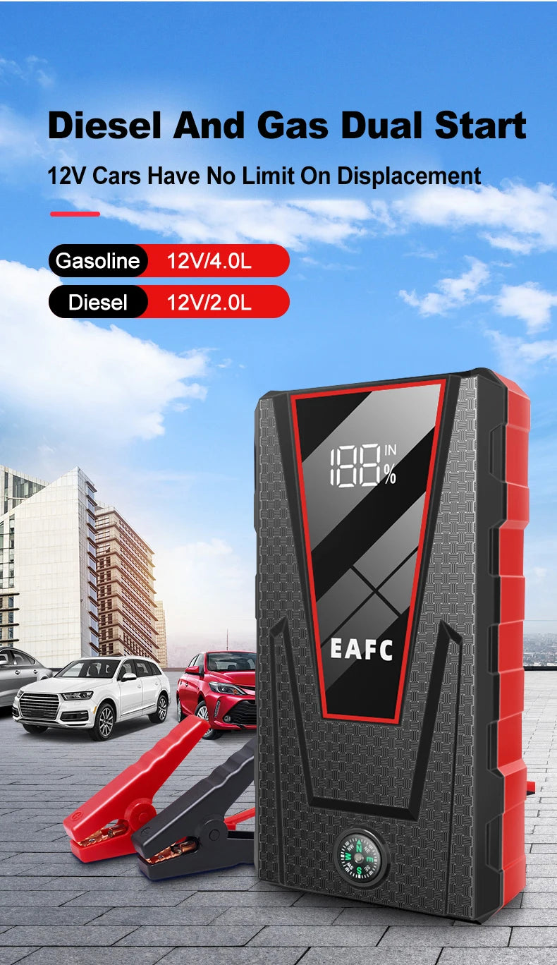 Arrancador de Batería Portátil 1200A 12V – Jump Starter para Coche Gasolina 4.0L y Diésel 2.0L