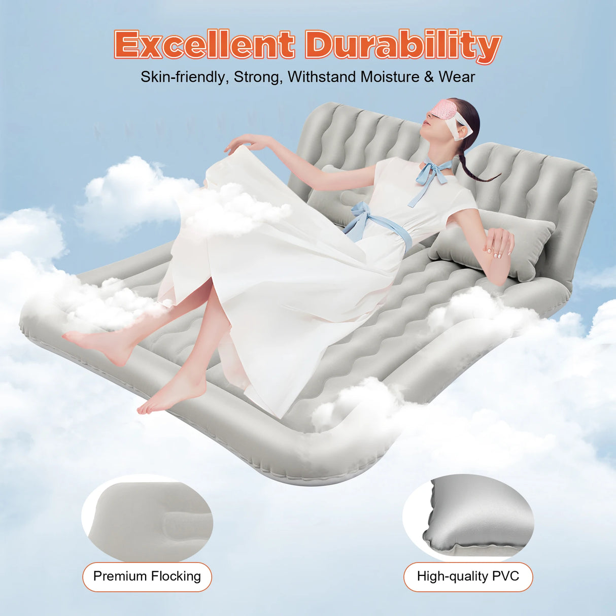 Cama Inflable para Coche con Bomba y Almohada – Colchón Hinchable Plegable Universal para Asiento Trasero, Cojín Flocado Portátil para Viajes