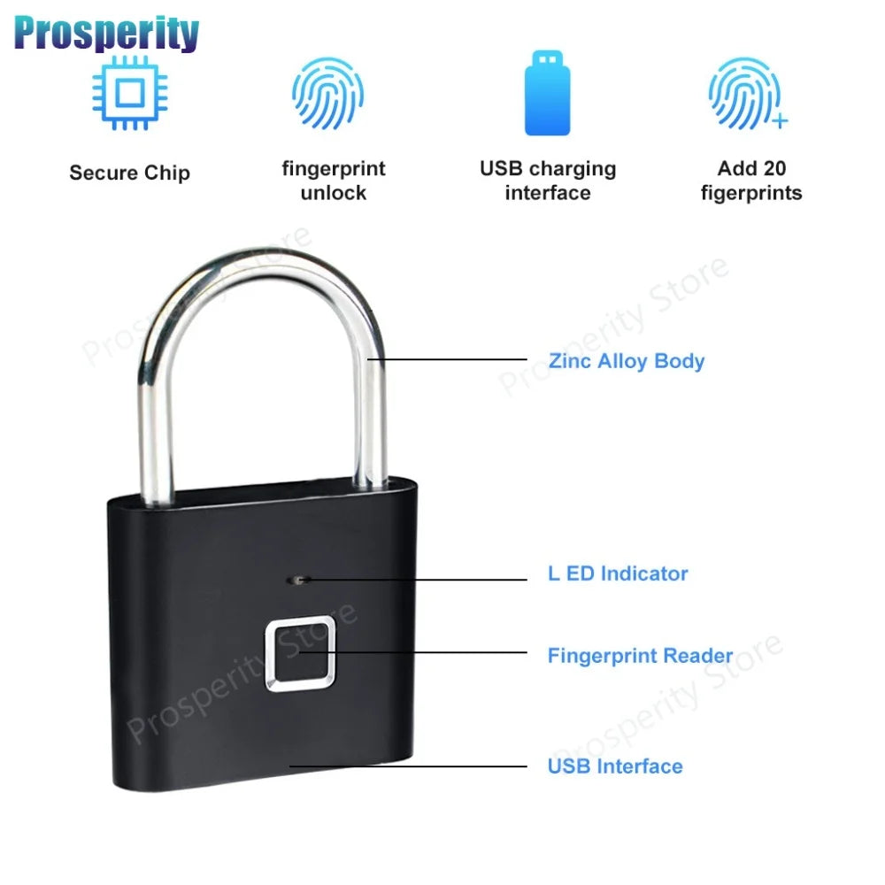Candado Inteligente con Huella Dactilar USB – Impermeable IPX, Desbloqueo Rápido 0.3s, Candado Portátil Antirrobo de Zinc
