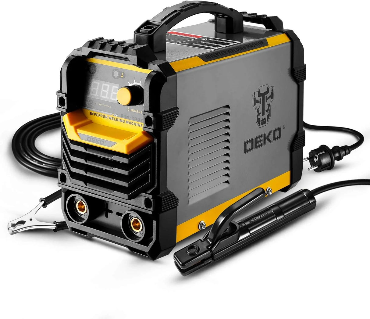 Soldadora DEKO MMA 220V ARC 200A – Máquina de Soldadura con Soporte de Electrodo y Accesorios