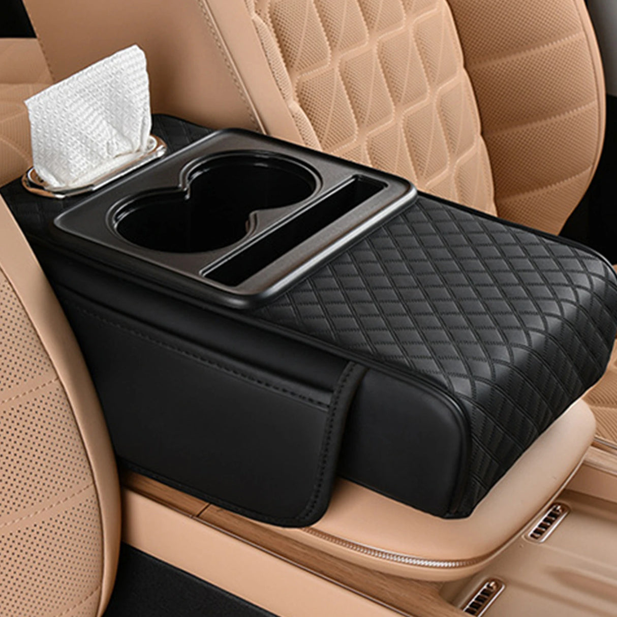 Caja Reposabrazos de Coche con Portavasos y Almacenamiento Lateral – Cojín Elevador con Soporte para Pañuelos y Cubierta Interior