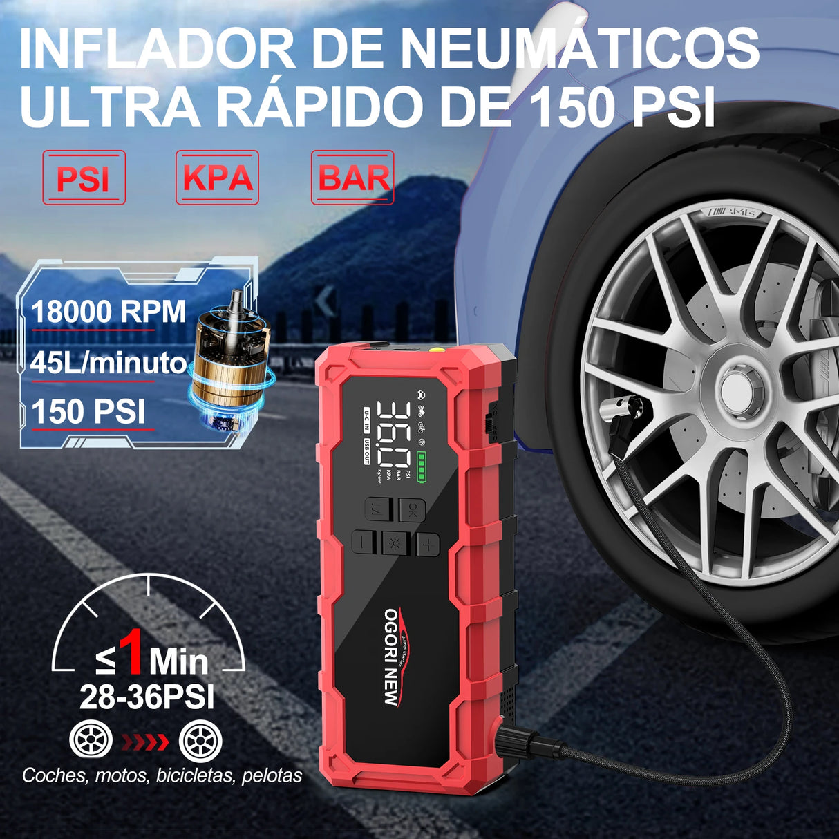 Arrancador de Coche 8000/9000A con Compresor 150 PSI – Booster Batería Portátil para Gasolina y Diésel