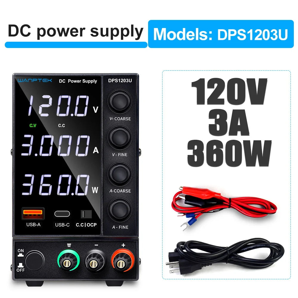 Fuente de Alimentación de Laboratorio Ajustable CC 30V/60V/120V – 5A/10A/3A con Pantalla LCD y Salida Estabilizada