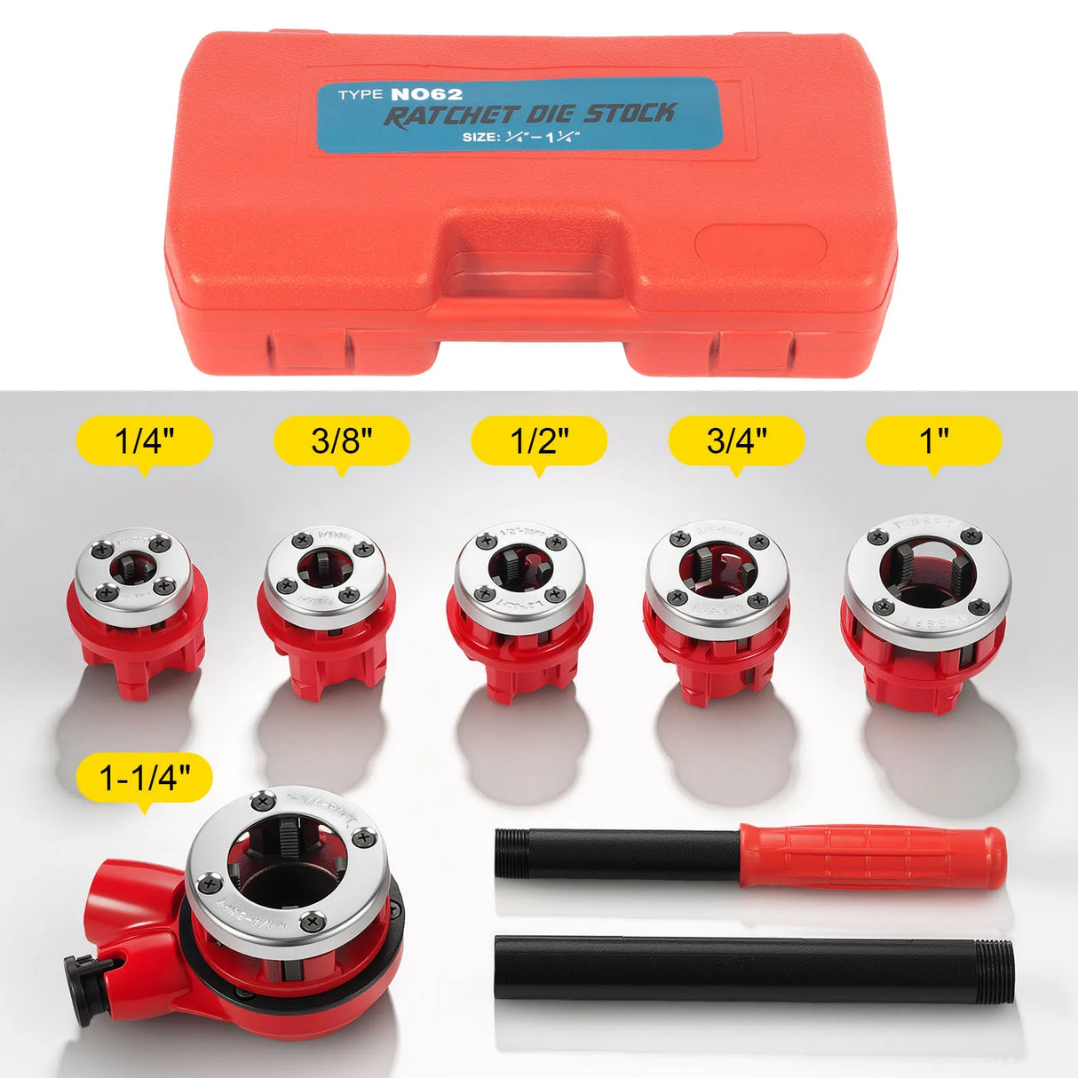 Kit de Roscado de Tuberías Manual – Roscadora con Trinquete y 5/6 Cabezales BSPT con Estuche