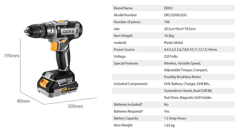 Taladro Inalámbrico DEKO 20V – 2 Velocidades, 18+1 Posiciones y Kit de 29 Piezas con Batería