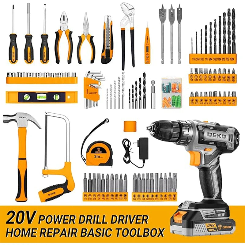 Kit Taladro Inalámbrico DEKO 20V – Taladro con Batería y Caja de Herramientas para Hogar