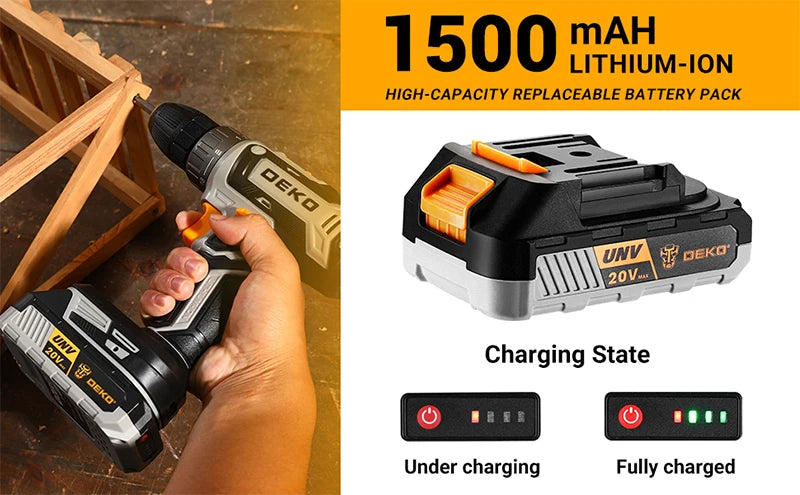 Taladro Inalámbrico DEKO 20V – 2 Velocidades, 18+1 Posiciones y Kit de 29 Piezas con Batería