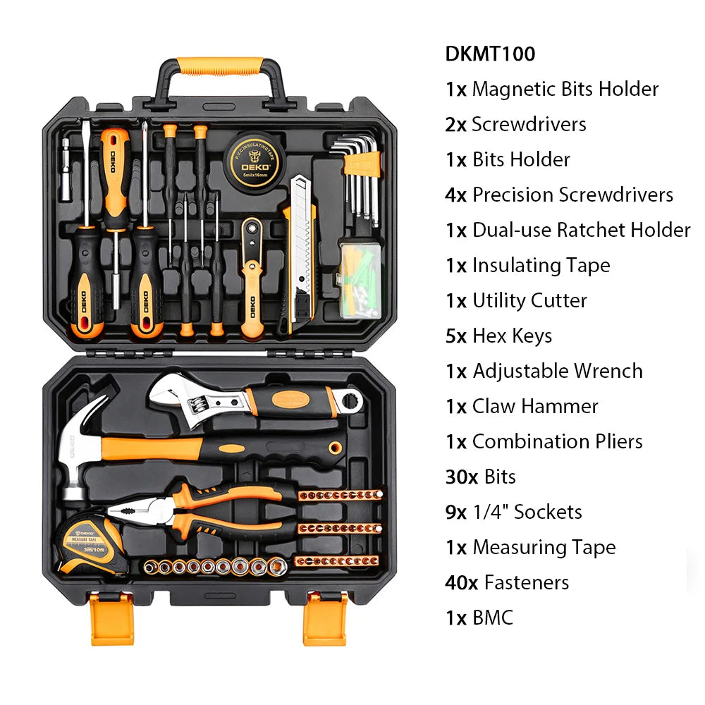 Kit de Herramientas DEKO 100 Piezas – Juego Multifuncional para Carpintería y Bricolaje