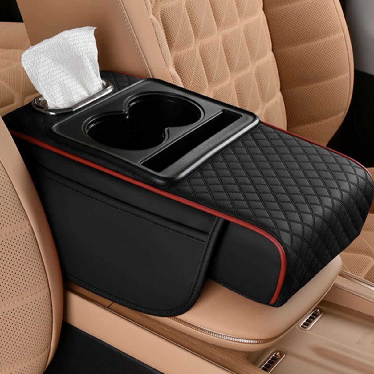 Caja Reposabrazos de Coche con Portavasos y Almacenamiento Lateral – Cojín Elevador con Soporte para Pañuelos y Cubierta Interior