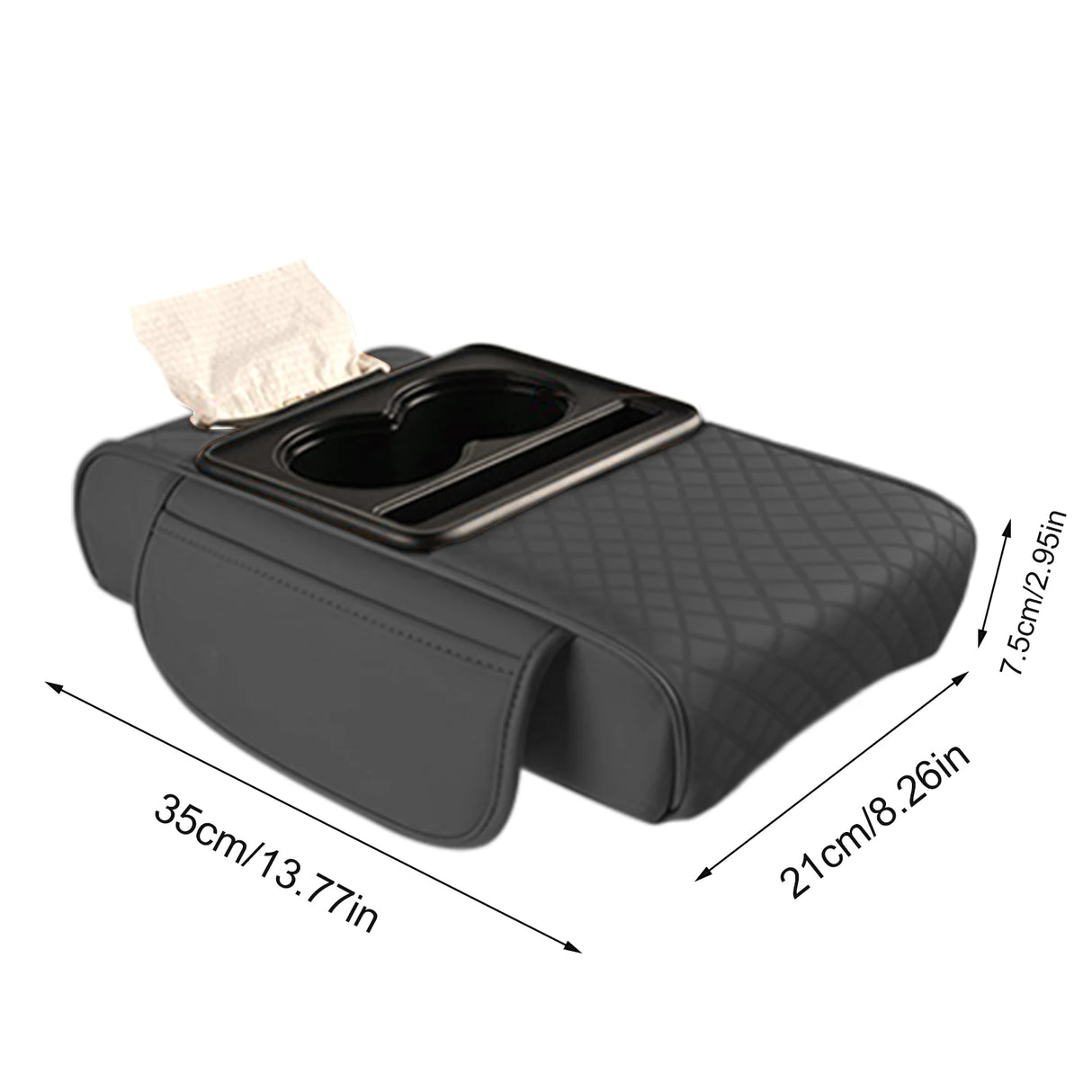 Caja Reposabrazos de Coche con Portavasos y Almacenamiento Lateral – Cojín Elevador con Soporte para Pañuelos y Cubierta Interior